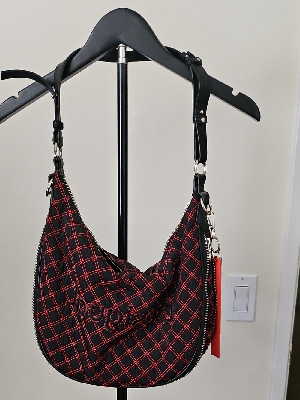 Desigual Black Hobo Bag with Red Quilted Stitching